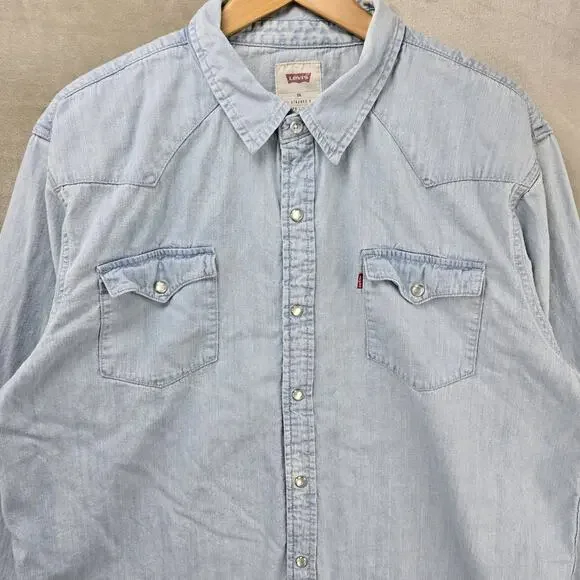 Levis Western Pearl Snap Denim Shirt Mens XXL Blue Cotton Long Sleeve Cowboy - Picture 3 of 12